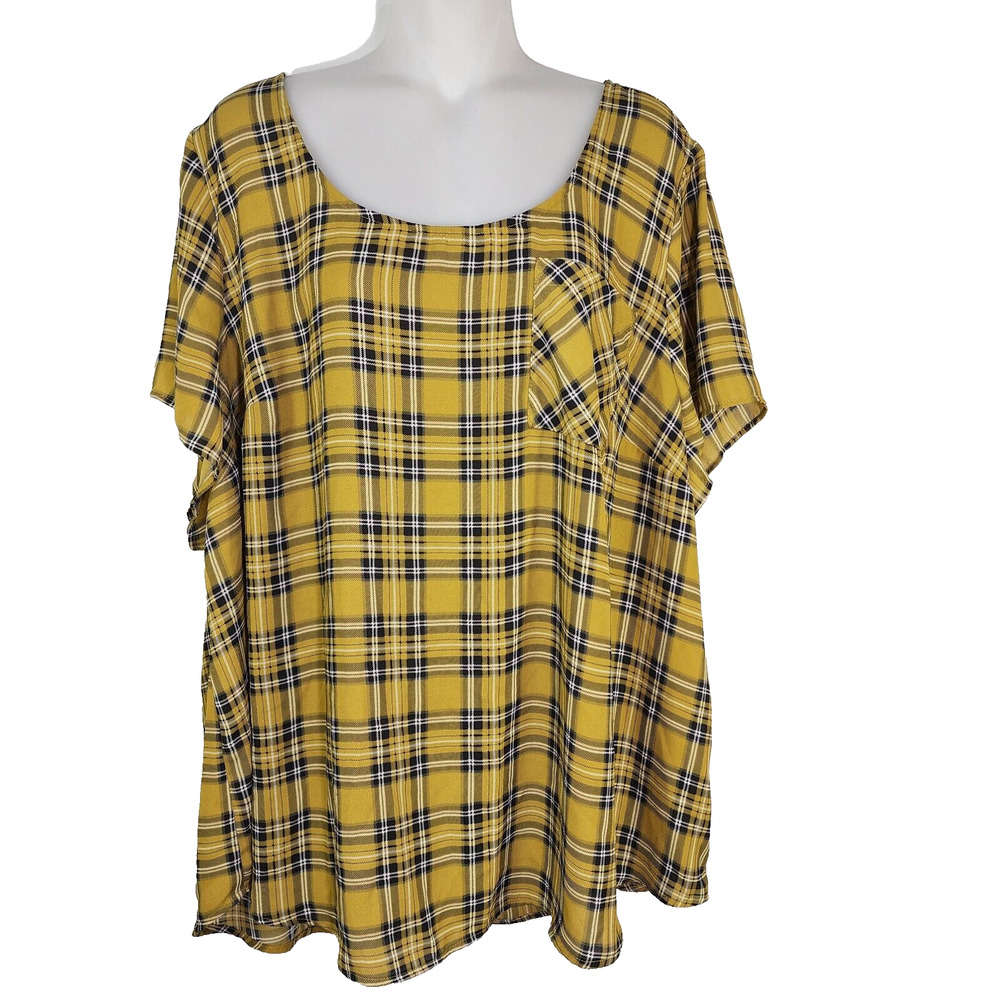 Torrid Womens Top 3X Abbey Georgette Button Back Yellow Plaid Scoop Neck Pocket